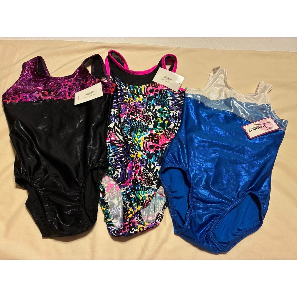 Lot 3 Girls Gymnastics Leotards Look-It Activewear Animal Print Metallic USA